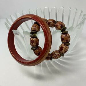 Beaded Wood Bangle Bracelet Set of 2 Red Brown Gold